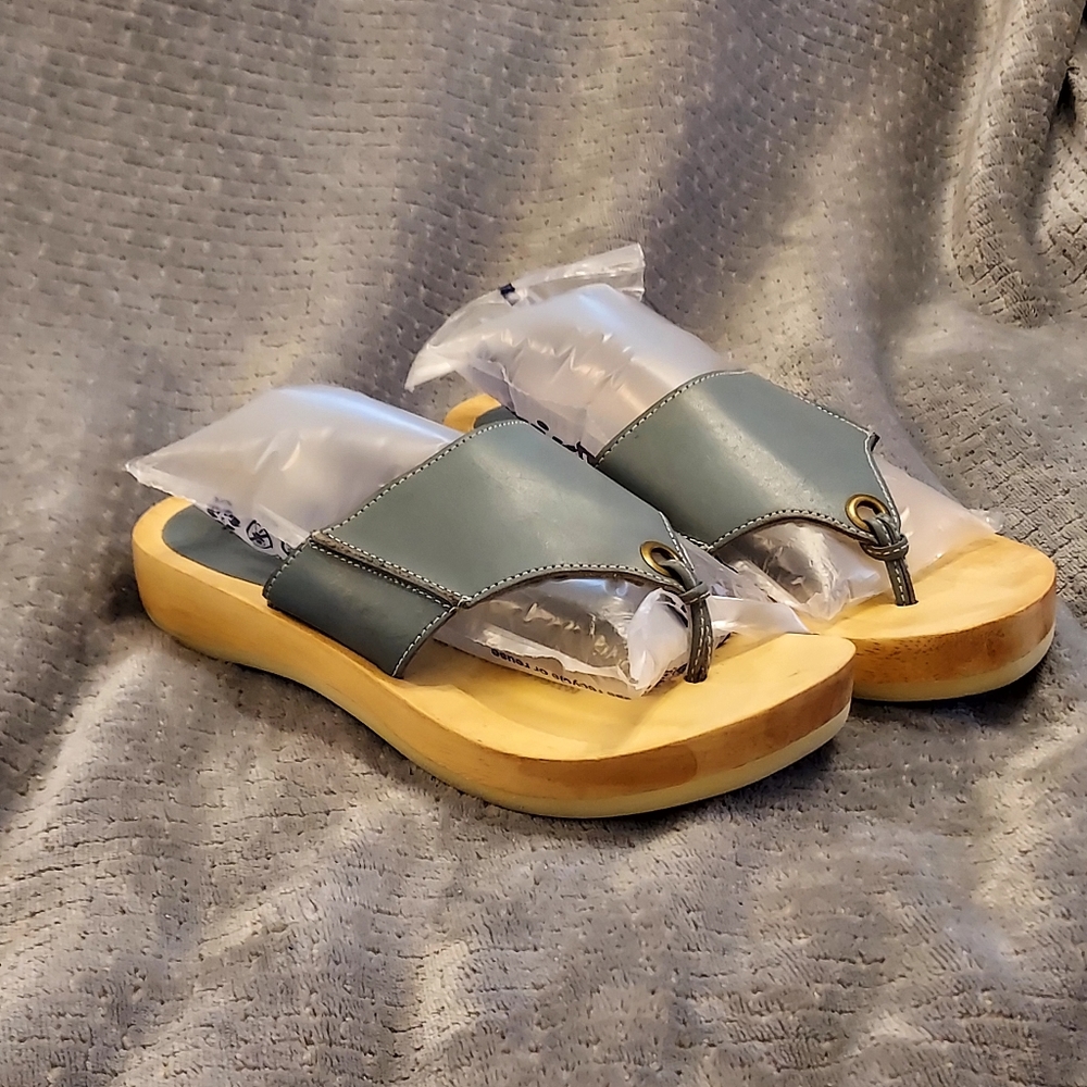 Woolrich Wooden Platform Sandals Blue Leather wood heel sz 6 B 70s 90s Boho